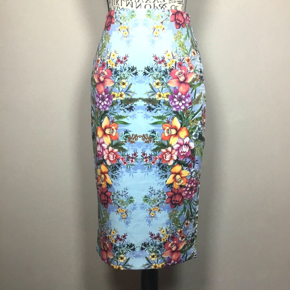 Stretchy exotic floral pencil skirt back slit waist 27"-29" vacation cruise XS